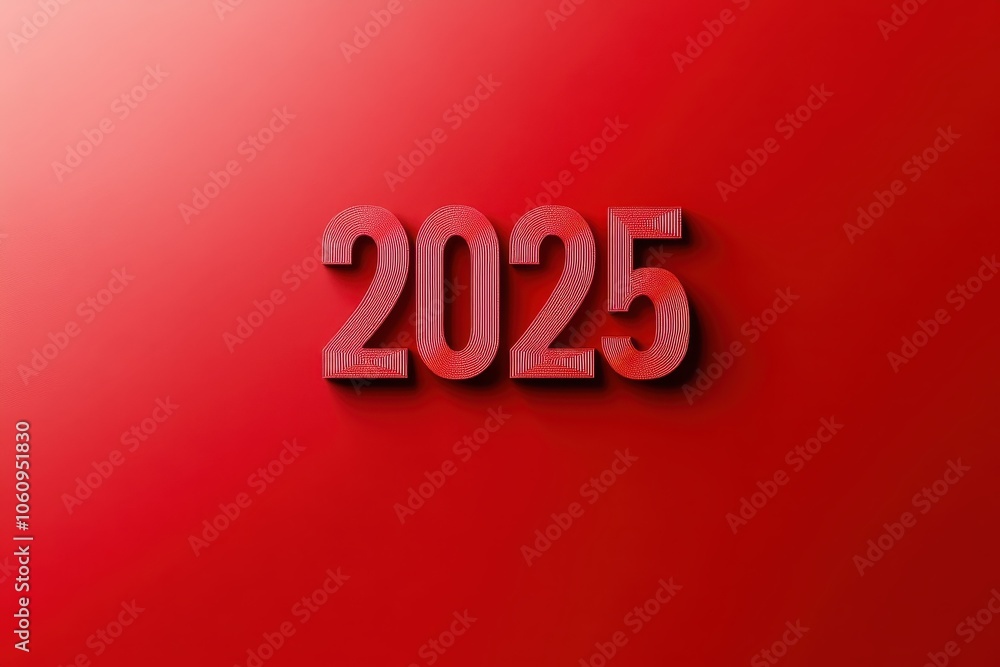 Poster bright red background with the year 2025 displayed in bold, three-dimensional numbers in 3d design
