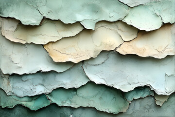 Obraz premium A textured surface featuring layered, peeling paint in shades of green and beige, creating a visually appealing pattern.