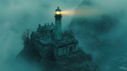 Fototapeta premium A lone lighthouse stands on a cliff shrouded in fog, its beacon casting a warm glow into the darkness.