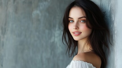 Fototapeta premium Young woman with dark hair and bright eyes leaning against a textured gray wall, wearing an off-shoulder white blouse.