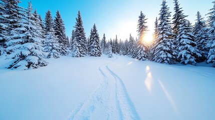 Obraz premium There is nothing more peaceful than a winter scene featuring snow-covered trees and sun dogs shining brightly in the distance.
