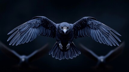 Fototapeta premium The powerful and mysterious presence of raven crows with wings spread wide