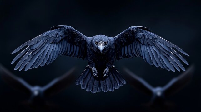 The powerful and mysterious presence of raven crows with wings spread wide