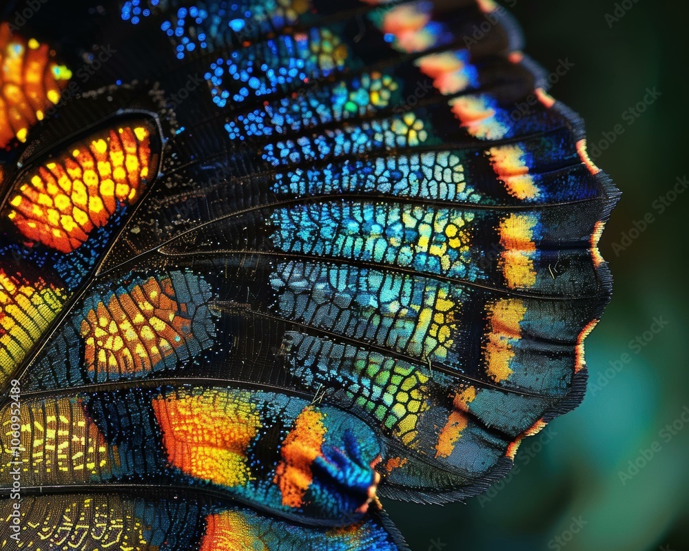 Poster a close-up of a butterfly wing with intricate patterns. ai.