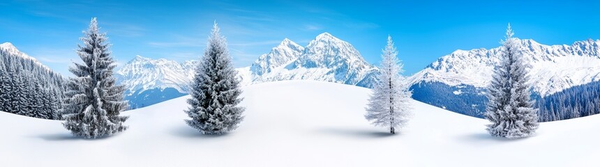 Fototapeta premium Under a clear blue sky, a panorama of snow-covered mountains and frosted trees captures the serene beauty of winter.