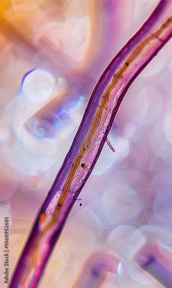Poster a close-up view of a thin, translucent strand with intricate internal structures. ai.