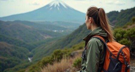 Climber near Mount Fuji, Japan, in earthy green and brown camouflage, captured in 8k resolution with Hasselblad X1D for natural detail and realism.