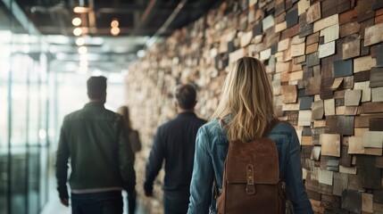 A group of three people, seen from behind, walks along a uniquely designed hallway with a textured wood wall, reflecting a sense of exploration and modernity.