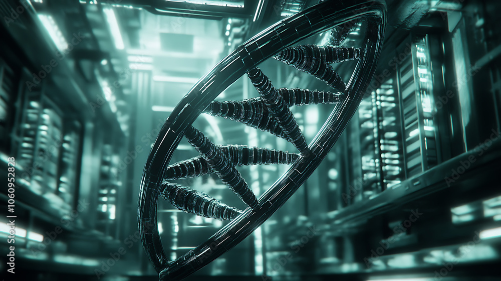 Poster 3d illustration of a dna helix representing advanced technology in genetic engineering, set against 
