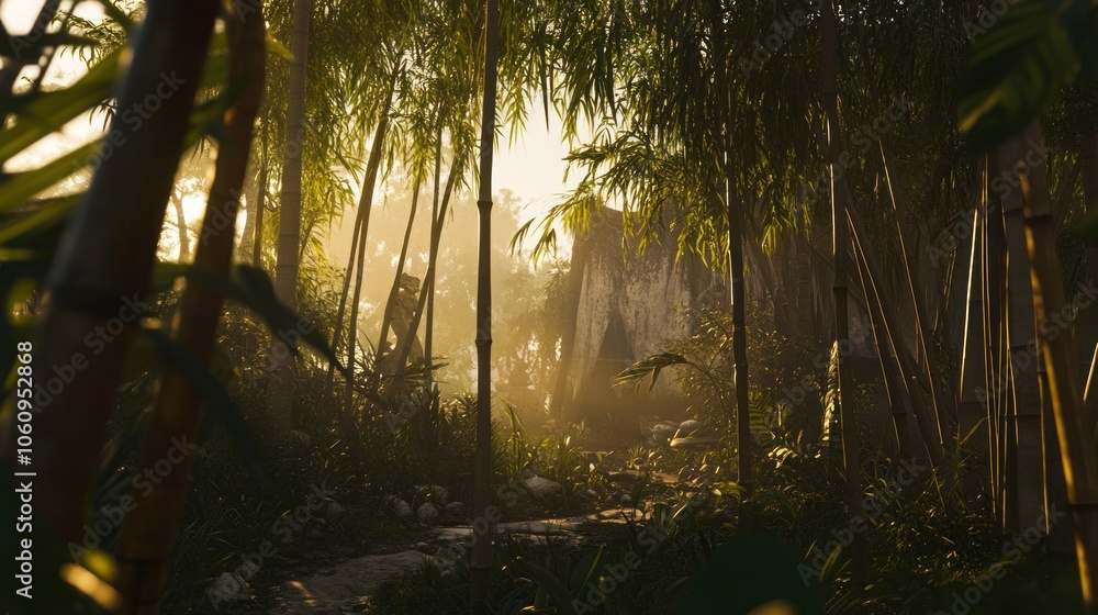 Poster sunlight streams through a dense bamboo forest, illuminating a path leading towards a stone structur
