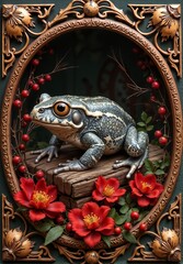 Fototapeta premium Realistic frog portrait framed with vibrant flowers and ornate details