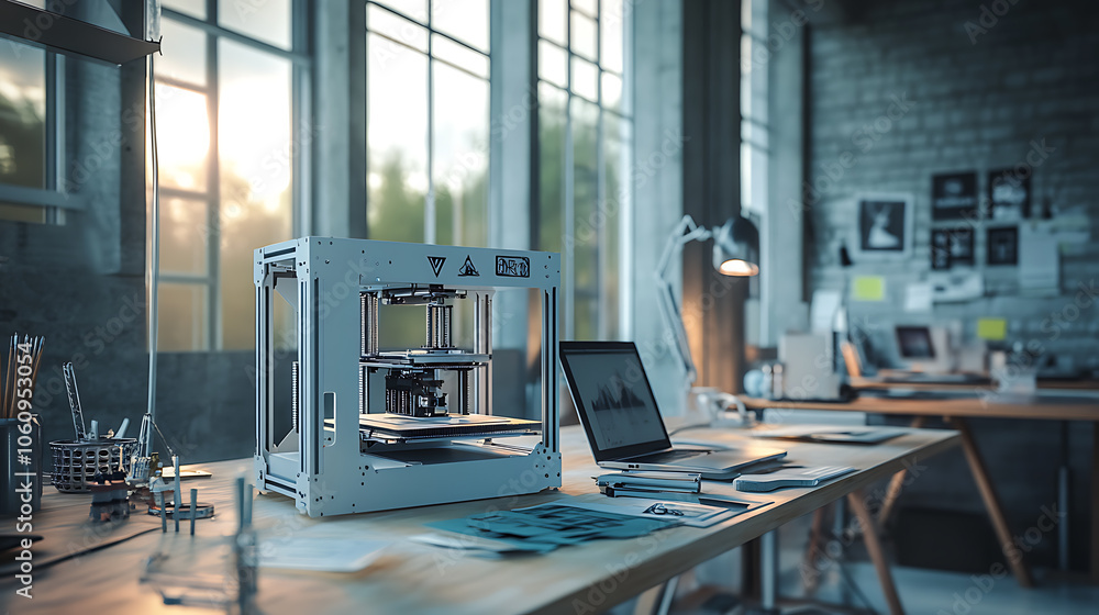 Poster 3D maker's workshop, there's an SLA 3D printer and a laptop on the table, representing the concept of 3D printing, Workplace for engineering tasks, including prototyping detailed computer models