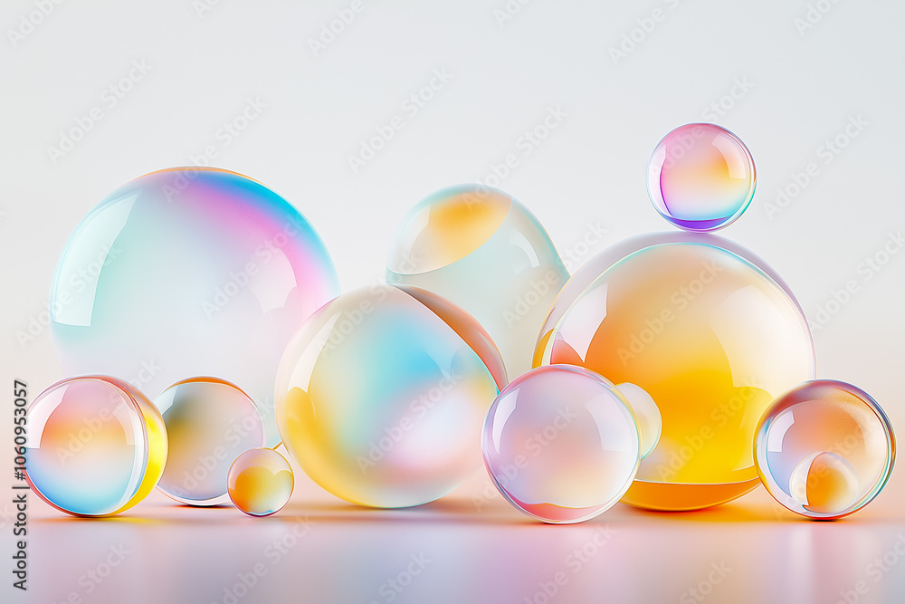 Poster translucent, iridescent shapes drift effortlessly, reflecting a spectrum of colors in a calming, eth