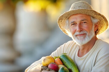 A Farmer in the Sunlight Proudly Holds Freshly Harvested Vegetables From the Garden