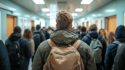 A person wearing a jacket and backpack moves through a bustling hallway filled with people, representing the daily commute and dynamic movement in urban life.