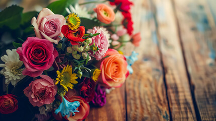 Flower Shop Concept: A close-up of a beautiful bouquet of mixed flowers on a wooden table, highlighting the floral shop�s aesthetic and quality.