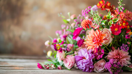Flower Shop Concept: A close-up of a beautiful bouquet of mixed flowers on a wooden table, highlighting the floral shop�s aesthetic and quality.