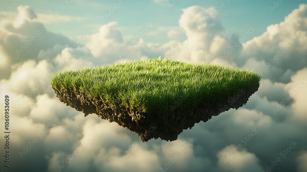 Poster A 3D rendered image of a floating slice of land with a green grass surface, creating a surreal and isolated grass field floating in the air with clouds