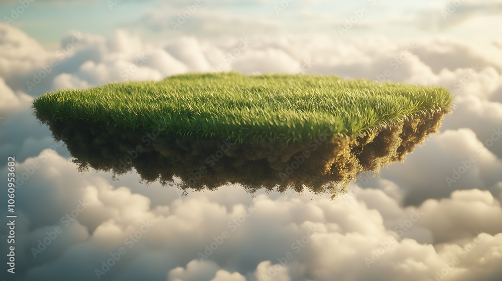 Poster A 3D rendered image of a floating slice of land with a green grass surface, creating a surreal and isolated grass field floating in the air with clouds