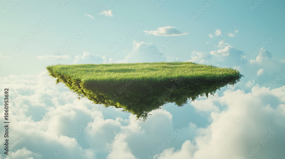 Poster A 3D rendered image of a floating slice of land with a green grass surface, creating a surreal and isolated grass field floating in the air with clouds