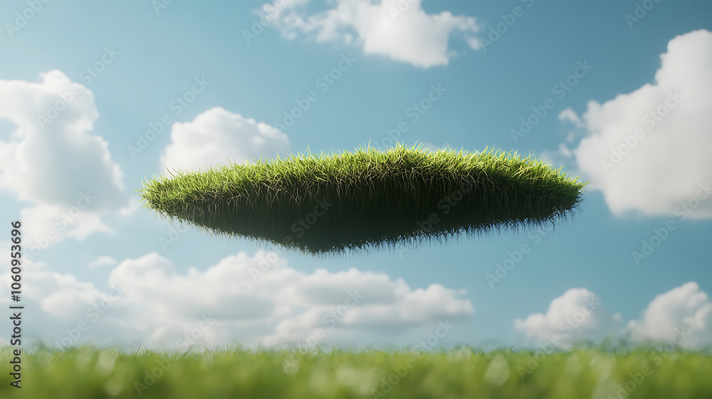 Poster A 3D rendered image of a floating slice of land with a green grass surface, creating a surreal and isolated grass field floating in the air with clouds