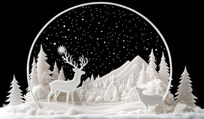 Elegant paper-cut diorama of a winter landscape with a majestic deer, snow-covered trees, a village, and mountains