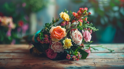 Flower Shop Concept: A close-up of a beautiful bouquet of mixed flowers on a wooden table, highlighting the floral shop�s aesthetic and quality.