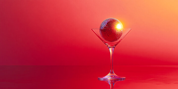 Cocktail party with disco ball on sunset coral color background. Disco party, retro fashion. Modern stylish banner template for holiday card, banner, flyer, menu with space for text