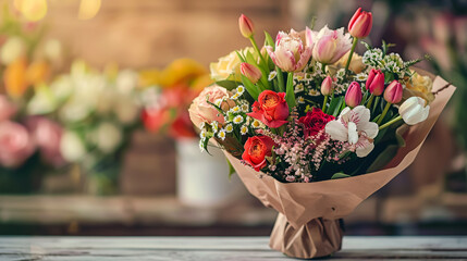 Flower Shop Concept: A close-up of a beautiful bouquet of mixed flowers on a wooden table, highlighting the floral shop�s aesthetic and quality.