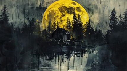 a yellow moon and a coniferous forest with an old wooden house in the middle