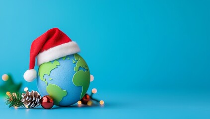 Against a snowy and cosmic background, a picture of Earth wearing a Santa hat is presented surrounded by twinkling lights, evoking a festive and global holiday spirit