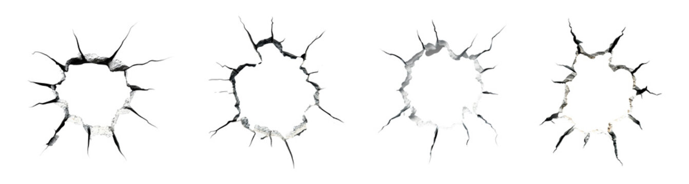 Cracked Hole in The Wall Surface Set Broken Concrete Wall Earthquake Hole Effect Damaged Cement Wall Surface Cracks Isolated on White Background with Cracks Damaged Texture Earthquake Disaster Broken