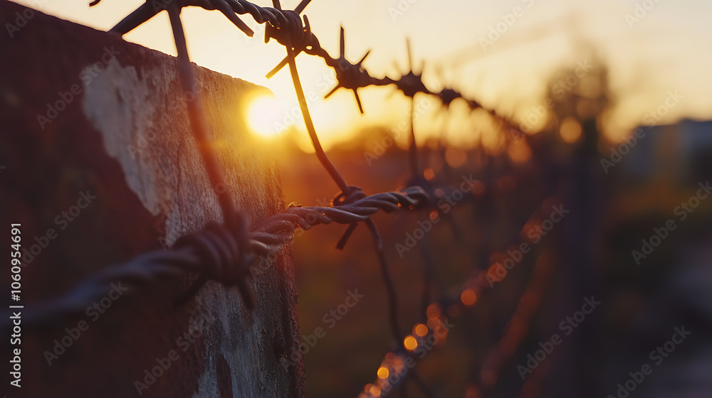 Poster a closeup of the top edge of an iron fence with barbed wire set against a blurred background of a pr