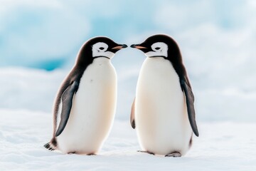 Fototapeta premium Two penguins share a tender moment as they touch beaks on the snowy Antarctic ground under soft cold light