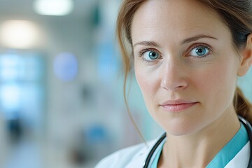 Fototapeta premium Female Doctor With Stethoscope in Hospital Focusing on Patient Care During a Busy Shift