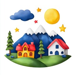 Naklejka premium An astronomy nature galaxy with a mountain and moon in watercolor style.