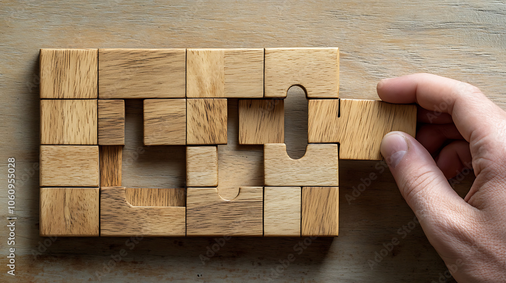 Aufkleber A concept highlighting the decision, making process and logical thinking, with a hand holding and placing the final piece of a wooden puzzle, symbolizing the completion of tasks and problem, solving