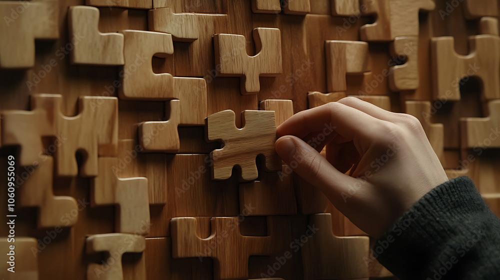 Aufkleber A concept highlighting the decision, making process and logical thinking, with a hand holding and placing the final piece of a wooden puzzle, symbolizing the completion of tasks and problem, solving