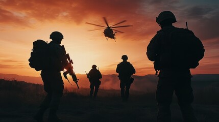 Silhouettes of soldiers in a sunset with a helicopter