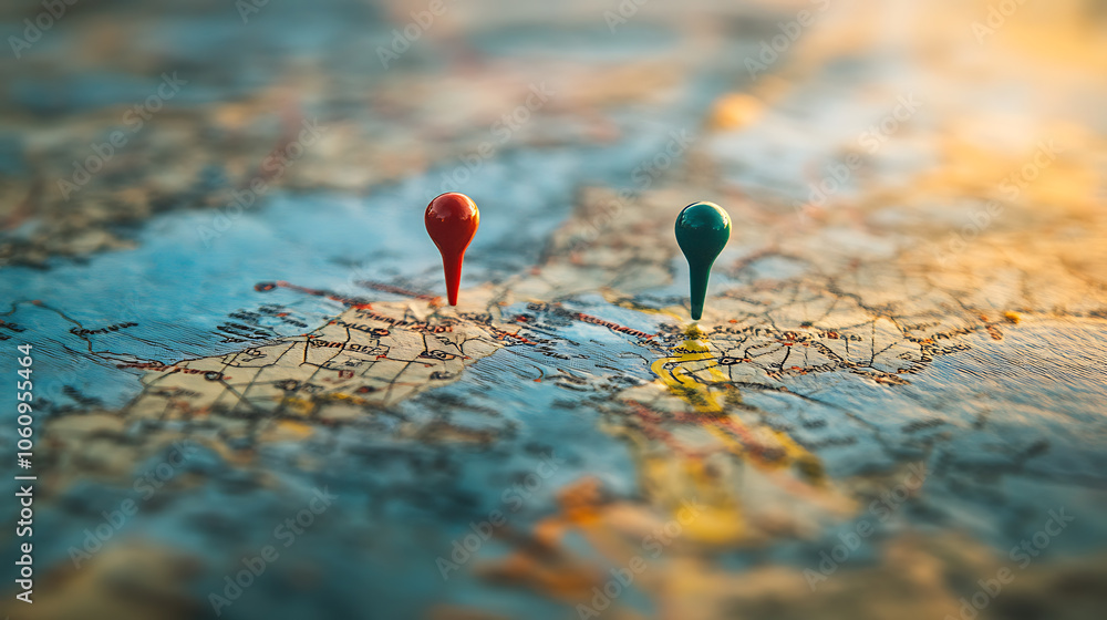 Poster A detailed map displaying a specific location marked with two vibrant pins, symbolizing the starting and destination points in a GPS navigation system used for efficient route planning and guidance