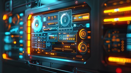 Close-up of futuristic control panel with blue and orange lights