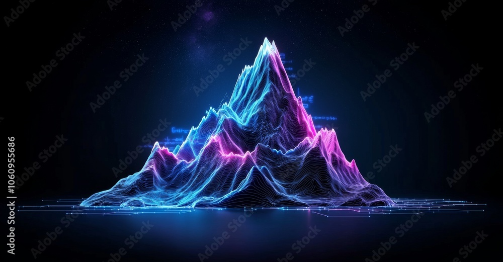 Poster the technological mountains ascending to space in a blue binary code and energy.