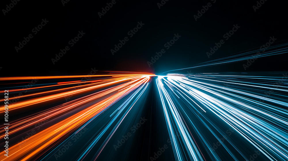 Poster a dynamic cityscape with light trails representing fast movement on the highway