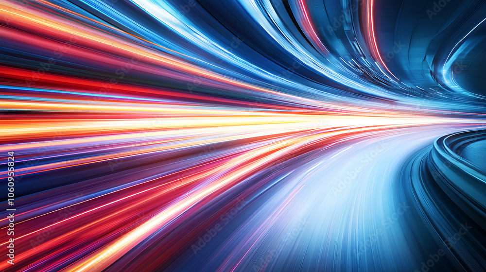 Poster a dynamic cityscape with light trails representing fast movement on the highway