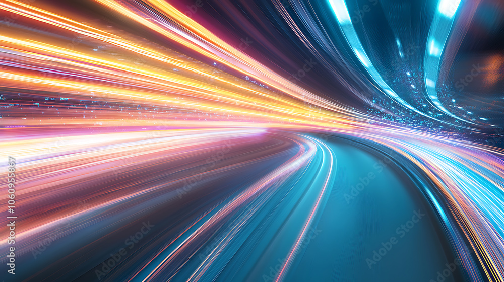 Poster A dynamic cityscape with light trails representing fast movement on the highway
