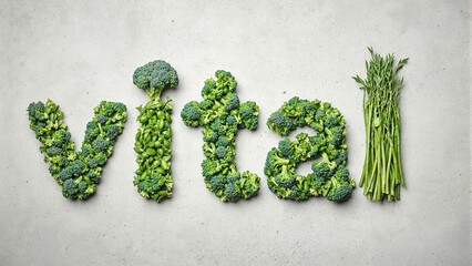 Fresh green veggies spell vital on grey surface