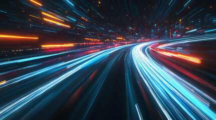 Obraz premium A dynamic cityscape with light trails representing fast movement on the highway