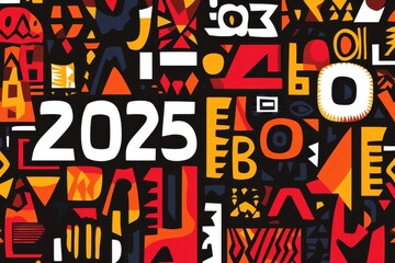 Colorful abstract design featuring bold shapes and the year 2025 in a vibrant artistic composition