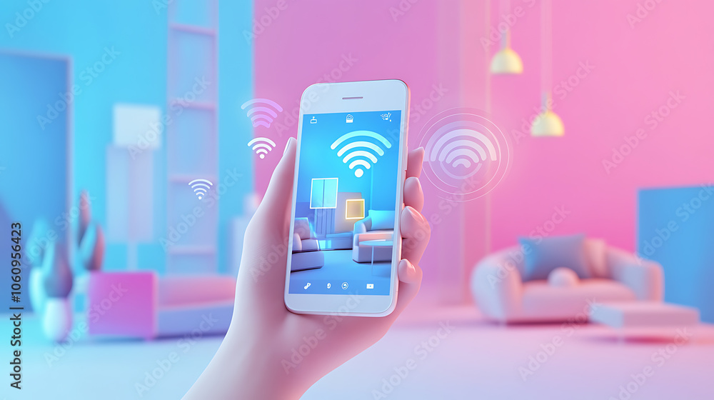 Poster a hand holding a white phone with a smart home app, surrounded by 3d, rendered room and wifi icons, 