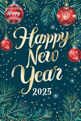 A beautifully designed and festive New Year 2025 Greeting Card featuring colorful ornaments and a pine background